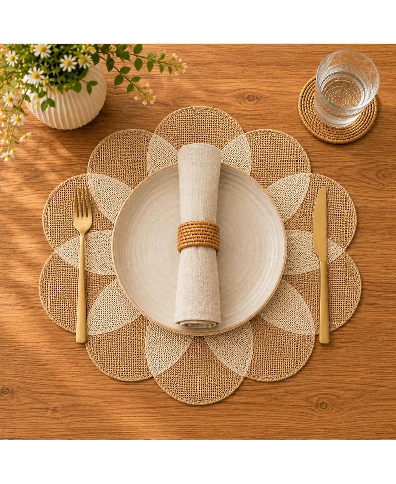 Dainty Home Maui 15" Flower Shaped Jute and Paper Placemats Set of 4 - Durable Table Mats