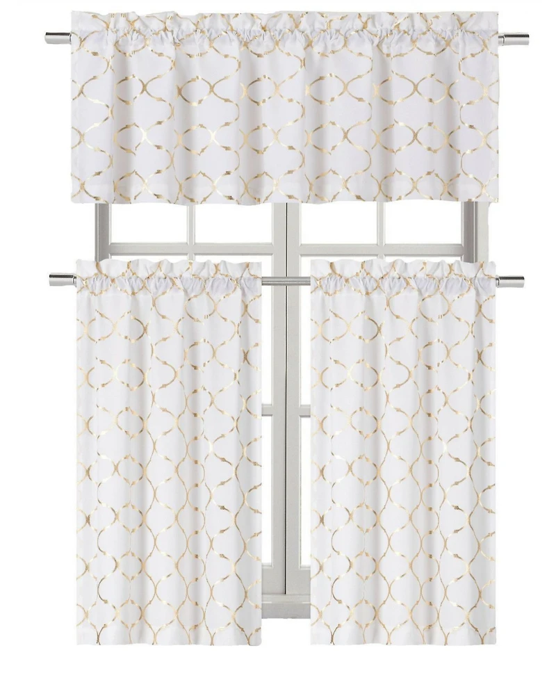 Kate Aurora Metallic Lattice Clover Ultra Luxurious Complete Kitchen Curtain Tier & Valance Window Curtains Set