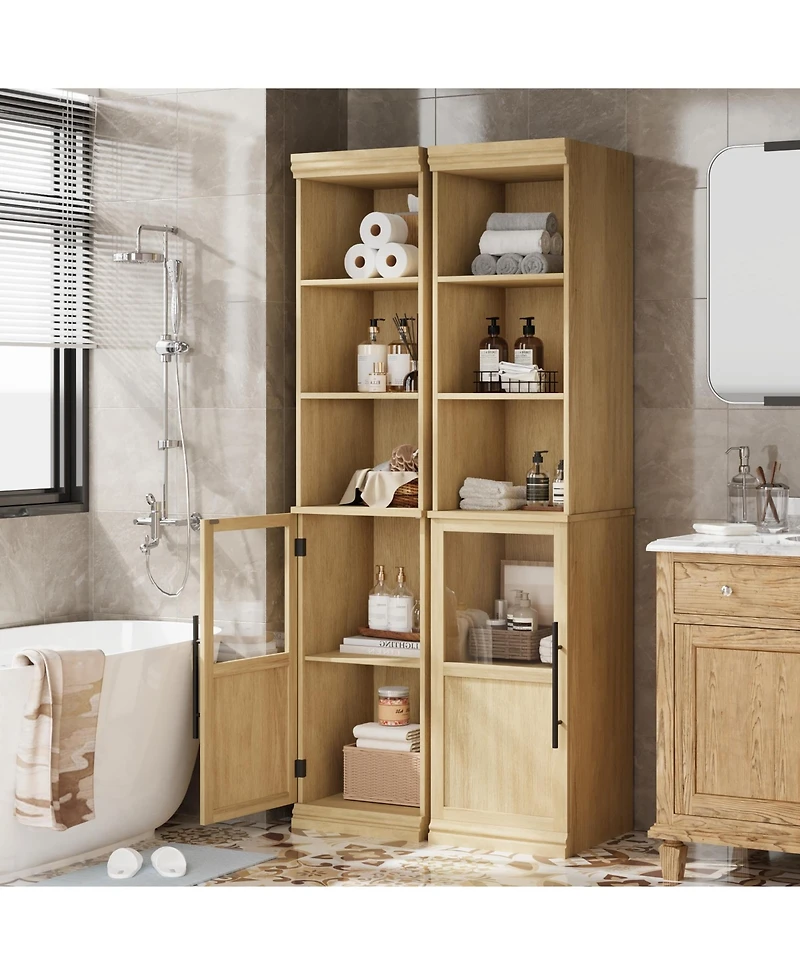 homfan Tall Bathroom Cabinet with Glass Door and Open Shelves, Narrow Storage for Bathroom, Living Room, Kitchen