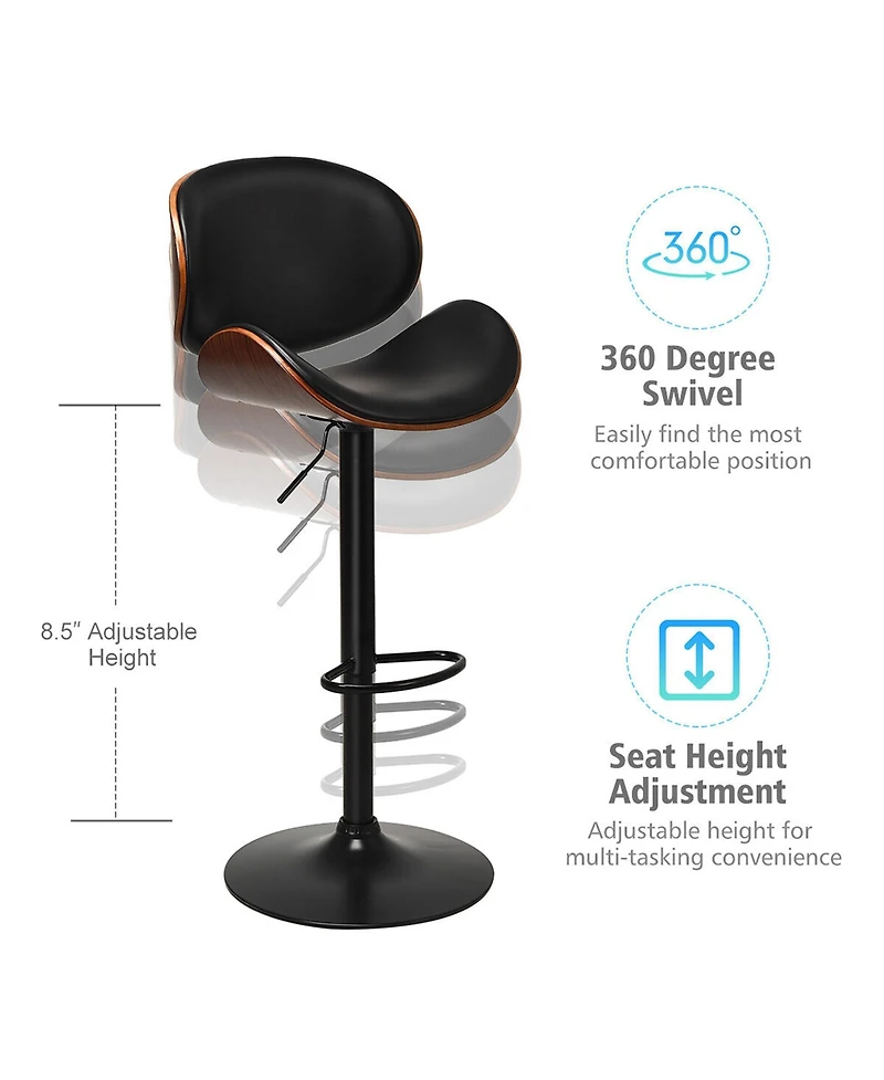 Gymax Set of 4 Bentwood Barstool Mid-Century Adjustable Swivel Pu Leather Curved Back