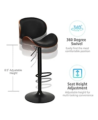 Gymax Set of 4 Bentwood Barstool Mid-Century Adjustable Swivel Pu Leather Curved Back