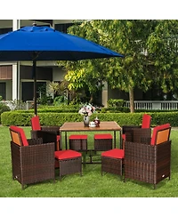 Gouun 9 Piece Outdoor Wicker Patio Dining Set with Acacia Wood Tabletop, 4 Chairs and 4 Ottomans
