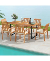 Gouun 7 Piece Acacia Wood Patio Dining Set with Table, 6 Armchairs and U-Shaped Metal Base