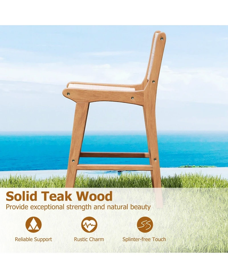 Gouun Outdoor Counter Height Bar Stool with Teak Wood Frame and Hand-Woven Paper Rope Seat