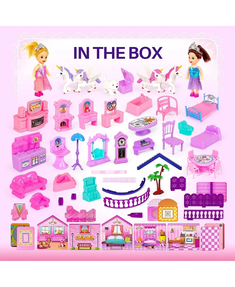 Gnuadz Princess Castle Dollhouse with Princess Dolls, Unicorns, Dog, and Furniture, 25.5" x 8" x 13", Ages 3+