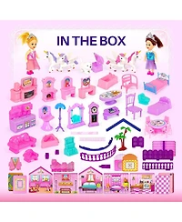 Gnuadz Princess Castle Dollhouse with Princess Dolls, Unicorns, Dog, and Furniture, 25.5" x 8" x 13", Ages 3+
