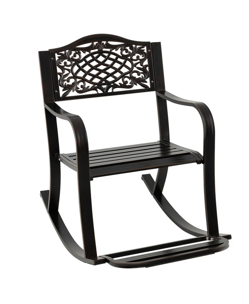Gouun Cast Aluminum Outdoor Patio Rocking Chair with Footrest, Curved Armrests and Floral Backrest