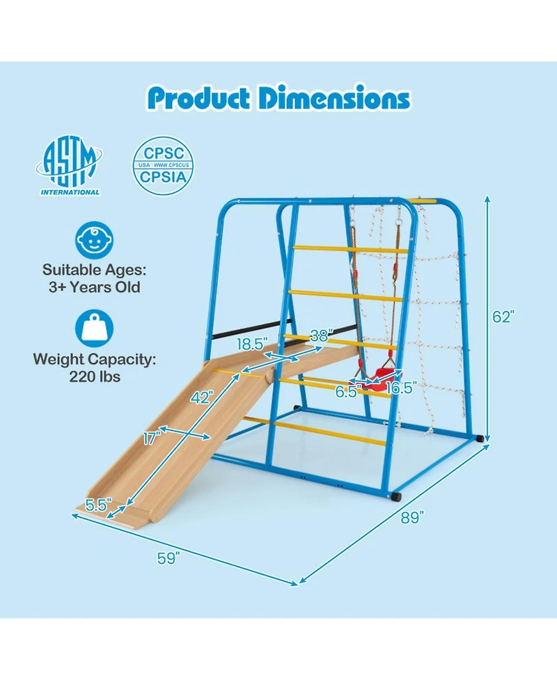 Hongge 6-in-1 Indoor Jungle Gym Playset with Adjustable Swing, 89" x 59" x 62", 220 lbs Capacity, Ages 3+