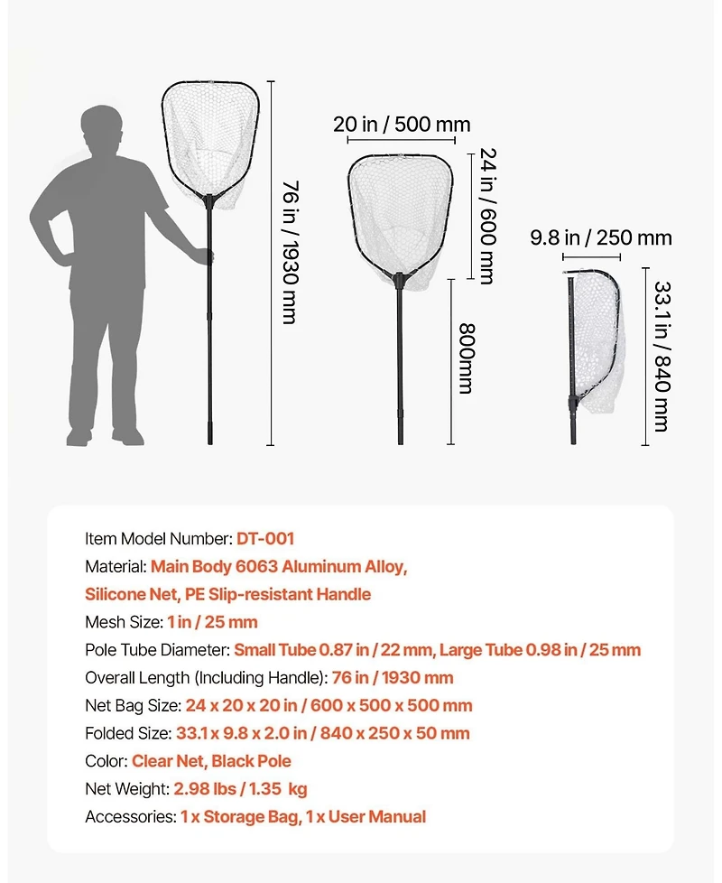 Hongge Foldable Fish Landing Net with 76 in Telescopic Aluminum Handle Built-In Scale and Silicone Mesh