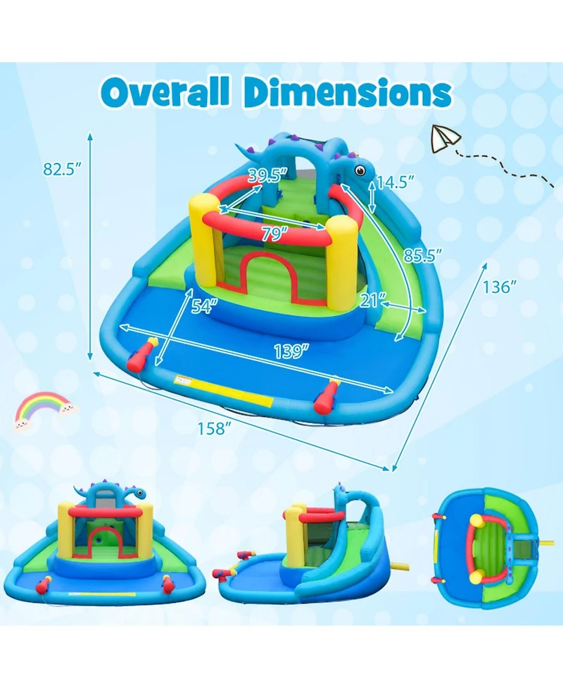 Hongge Dinosaur Inflatable Water Slide Bounce House with Double Slides and Splash Pool, Oxford Cloth, Holds 3 Players, Ages 3-10