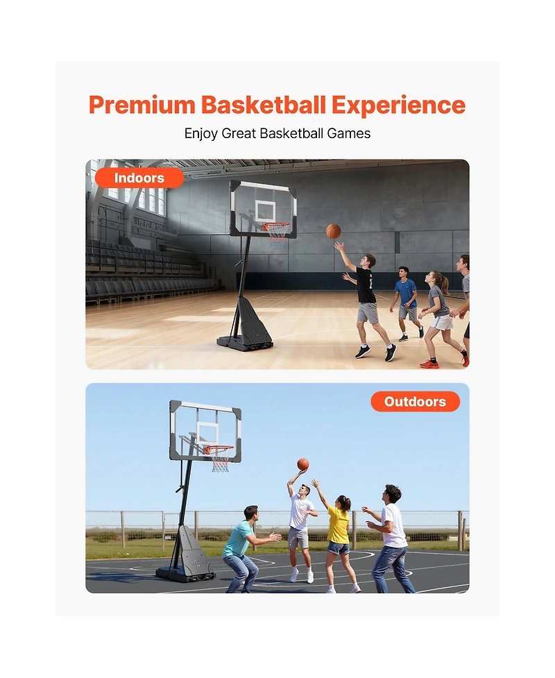 Hongge Portable Basketball Stand 44 in Pc Backboard with Quick Height Adjustment from 8.04 to 10 ft