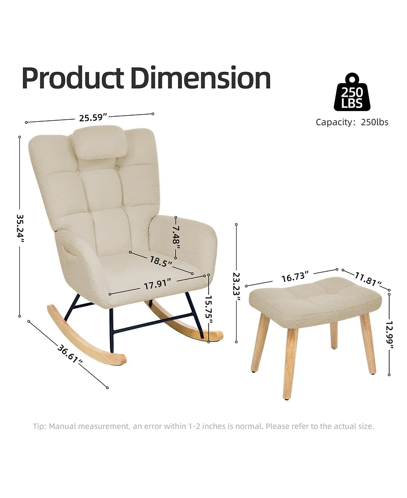 homfan Nursery Rocking Chair with Ottoman, Upholstered Glider High Backrest and Armchair for Adults,