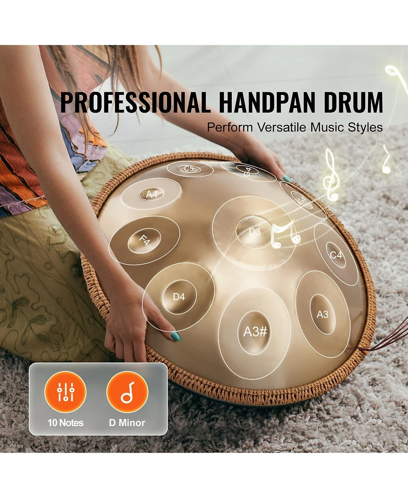 Hongge 22 inches Steel Handpan Drum with 10 Notes in D Minor Tuning