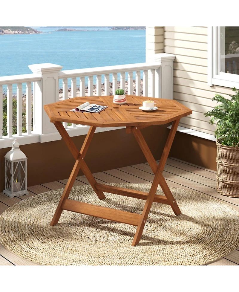 Gouun 35.5 in Solid Wood Octagon Patio Dining Table with 1.97 in Umbrella Hole, Slatted Top