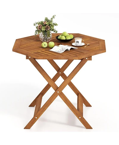 Gouun 35.5 in Solid Wood Octagon Patio Dining Table with 1.97 in Umbrella Hole, Slatted Top