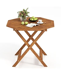 Gouun 35.5 in Solid Wood Octagon Patio Dining Table with 1.97 in Umbrella Hole, Slatted Top