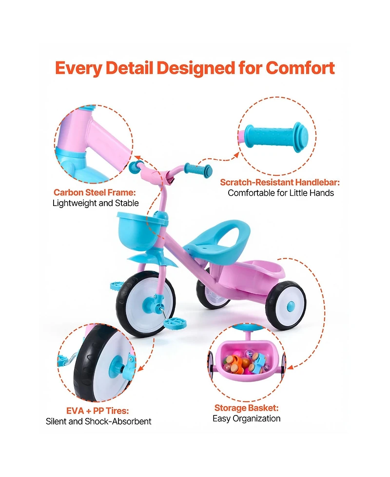 Hongge 3 Wheel Carbon Steel Adjustable Tricycle, Ages 2-5