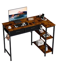 homfan 40 inchL-Shaped Desk with Power Outlet - 3-Tier Shelves and 2 Drawers, Corner Desk with Headphone Hook for Small Spaces