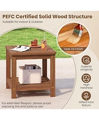 Gouun 2-Tier Outdoor Solid Wood Side Table with Storage Shelf and Round Corners, Slatted Top