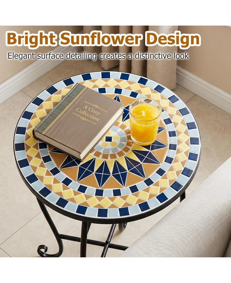 Sugift 14in Floral Mosaic Patio Accent End Table with Metal Frame