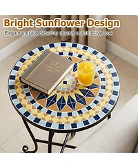 Sugift 14in Floral Mosaic Patio Accent End Table with Metal Frame