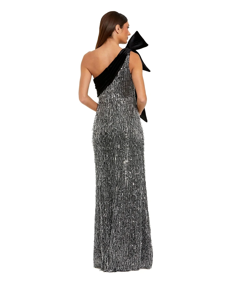 Mac Duggal Women's One-Shoulder Sequin Velvet Bow Gown