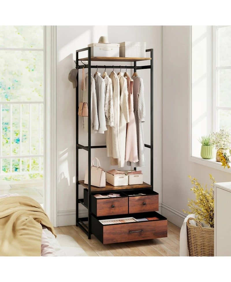Sugift Clothes Rack with 3 Fabric Drawers Shelves Side Hooks and Metal Frame