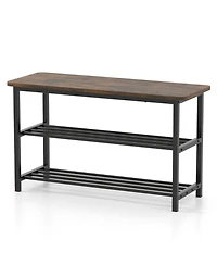 Sugift 3-Tier Shoe Rack Bench with Metal Slat Shelves and Long Wooden Seat