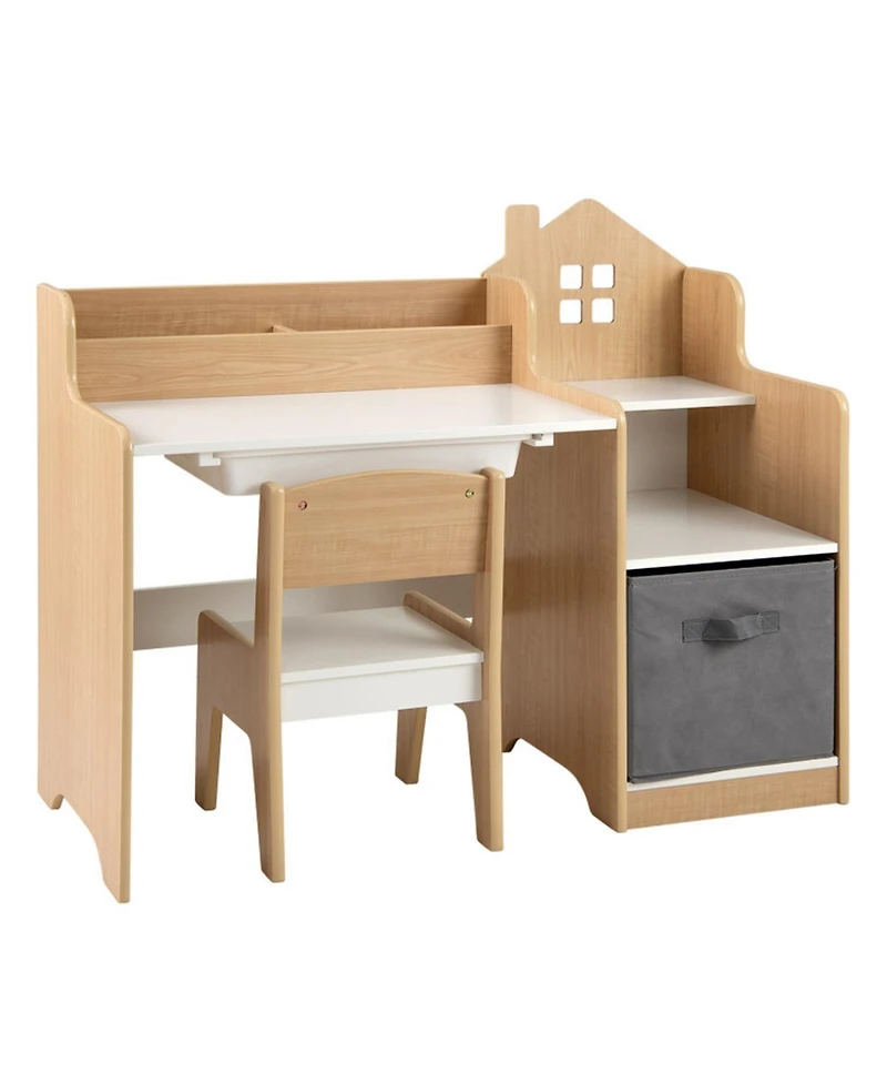 Sugift Kids Study Desk and Chair Set with 2 Open Shelves Drawer and Fabric Storage Bin