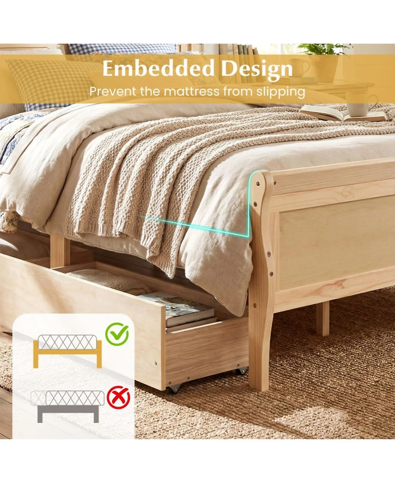 Sugift Queen Size Sleigh Platform Bed with 2 Storage Drawers and Curved Footboard