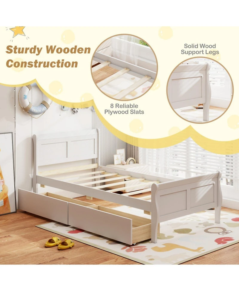 Sugift Twin Size Sleigh Wood Platform Bed with 2 Rolling Storage Drawers