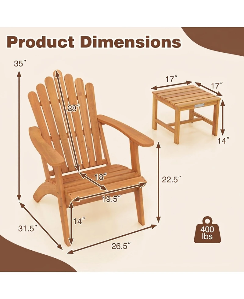 Sugift 2-Piece Solid Wood Adirondack Chair Set with Side Table for Deck Garden Porch