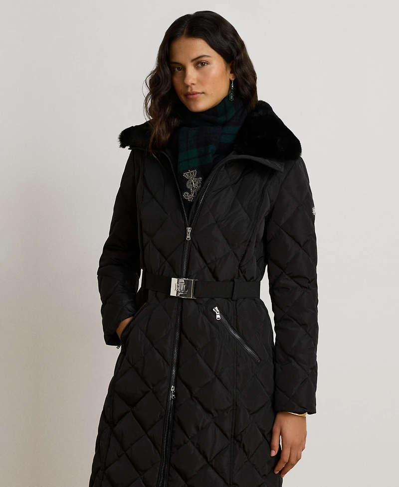 Lauren Ralph Women's Belted Quilt with Fur Collar Coat