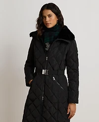 Lauren Ralph Women's Belted Quilt with Fur Collar Coat