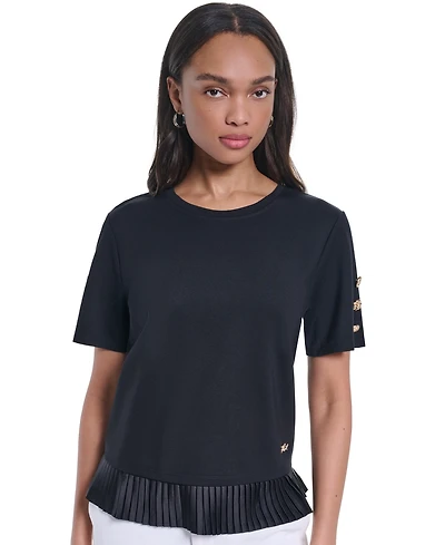 Karl Lagerfeld Paris Women's Crewneck Short-Sleeve Pleated-Hem Blouse