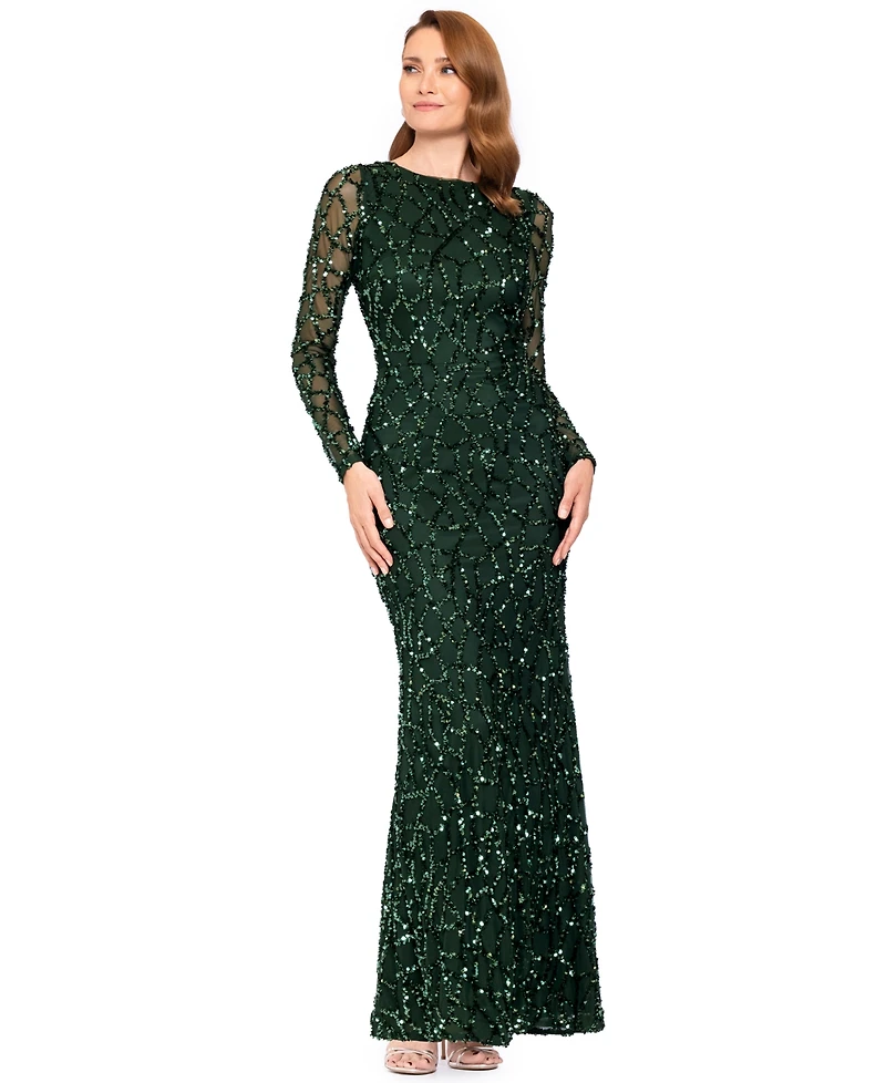 Betsy & Adam Women's Long-Sleeve Sequin Gown