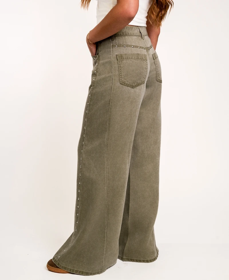 Indigo Rein Juniors' High-Waisted Wide-Leg Studded Jeans, 28-1/2" Inseam