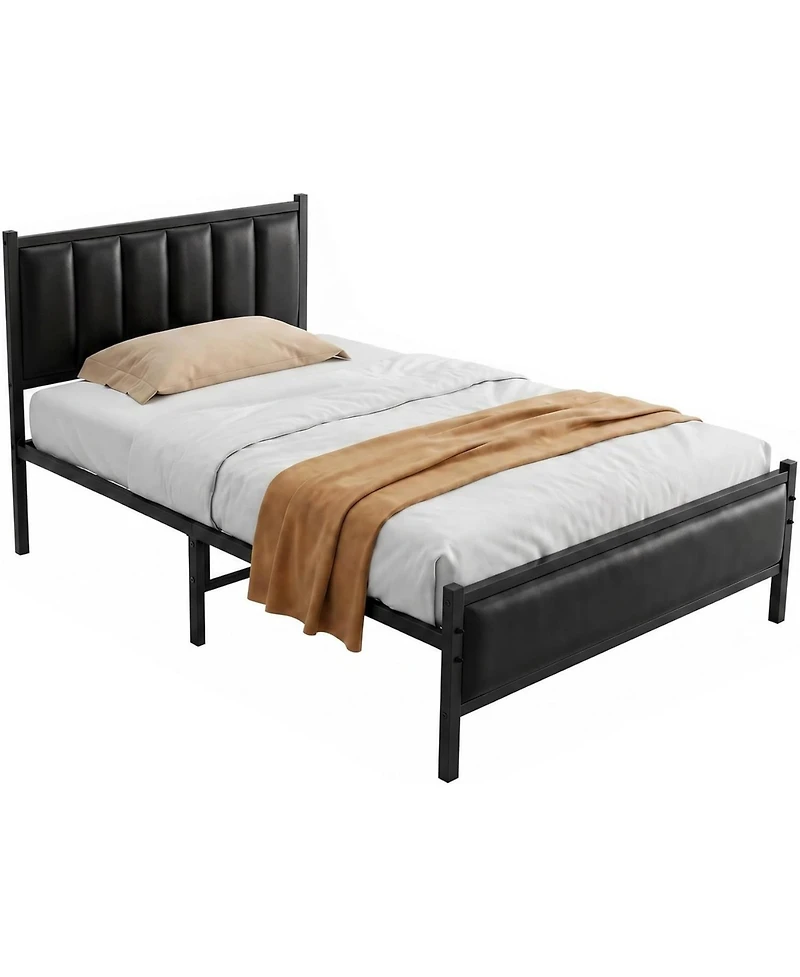 homfan Twin Size Pu Leather Platform Bed Frame with Upholstered Headboard, No Box Spring Needed