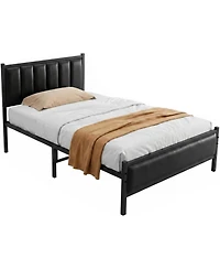 homfan Twin Size Pu Leather Platform Bed Frame with Upholstered Headboard, No Box Spring Needed