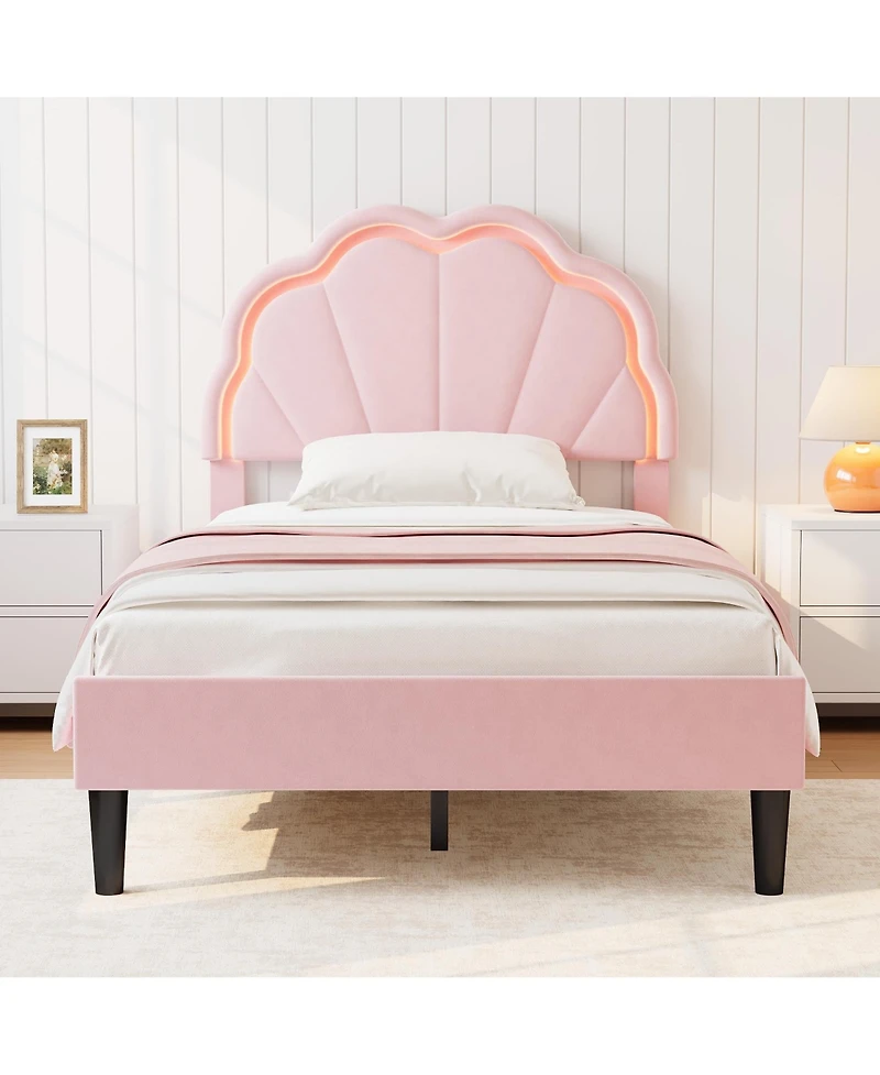 homfan Twin Size Velvet Platform Bed with Seashell Headboard and Led Lights, Under-Bed Storage