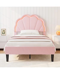 homfan Twin Size Velvet Platform Bed with Seashell Headboard and Led Lights, Under-Bed Storage
