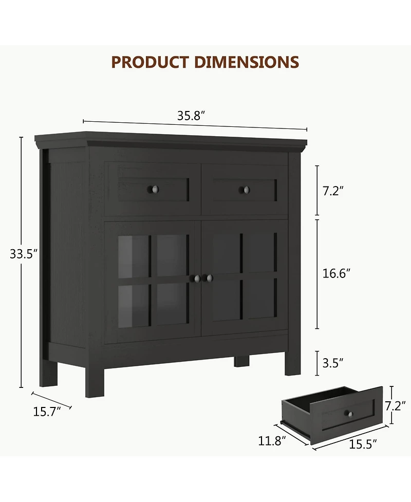 Aheaplus Farmhouse Kitchen Cabinet with Drawers and Tempered Glass Display Door