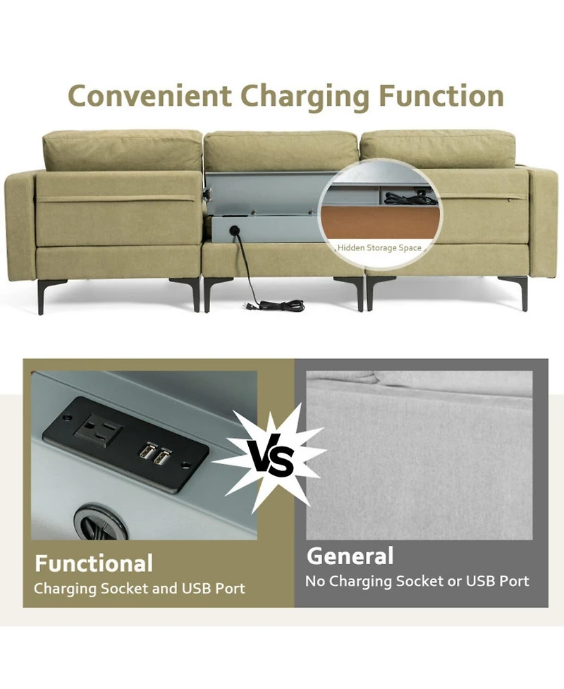 Gouun Modular 94 Inch L-Shape Sectional Sofa Reversible Chaise with Usb Ports
