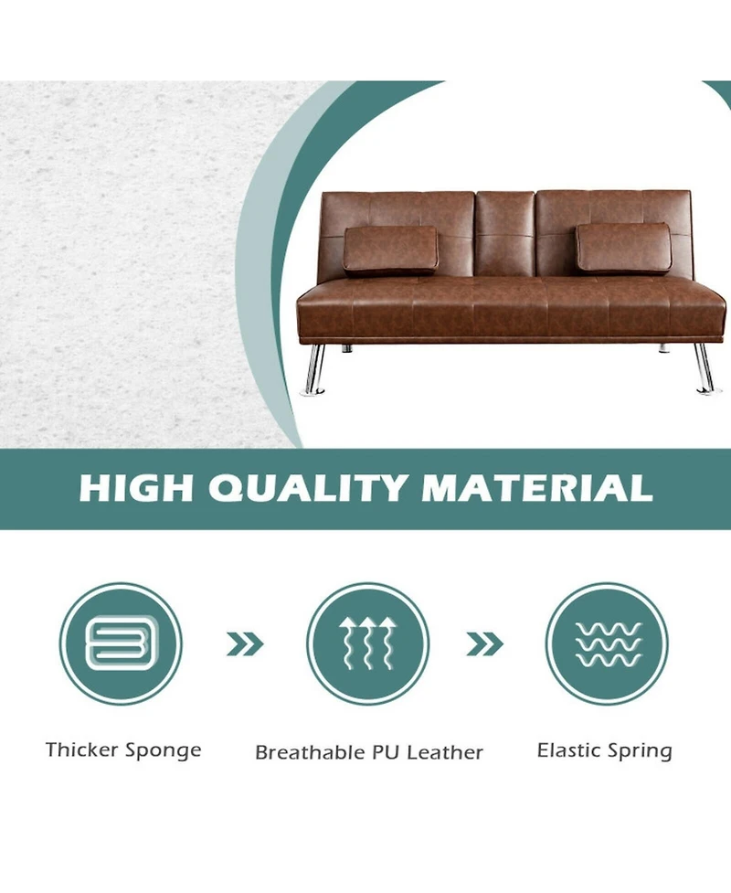 Gouun Convertible 66 Inch Faux Leather Futon Sofa with Cup Holders and Armrests