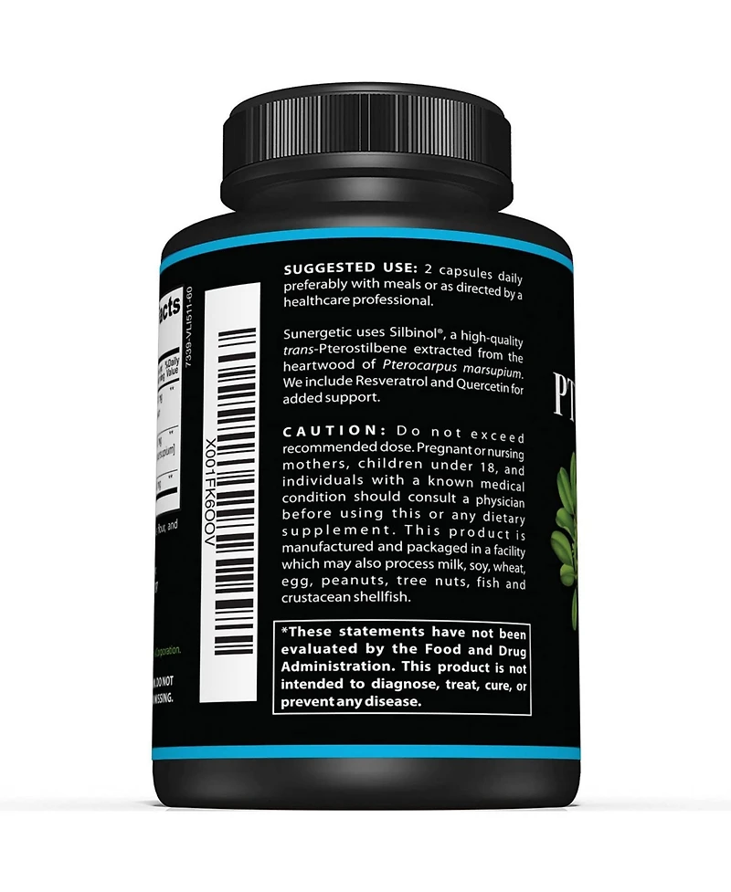 Sunergetic Pterostilbene Supplement with Resveratrol and Quercetin, 60 Capsules