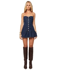 Abrand Juniors' Honey Pie Strapless Mini Ruffled-Hem Denim Dress