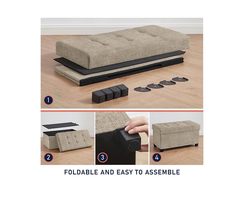 Ornavo Home Foldable Tufted 30 Inch Linen Bench Storage Ottoman with Legs