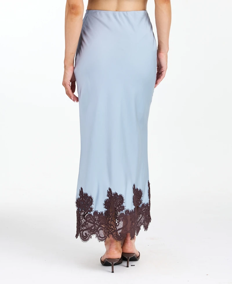 Kittenish Women's High-Waisted Crepe Satin Maxi Skirt with Lace Trim