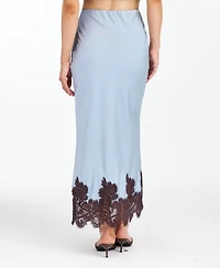 Kittenish Women's High-Waisted Crepe Satin Maxi Skirt with Lace Trim
