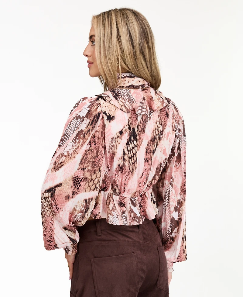 Kittenish Women's Audrey Yoryu Long-Sleeve Ruffle Snake-Print Blouse